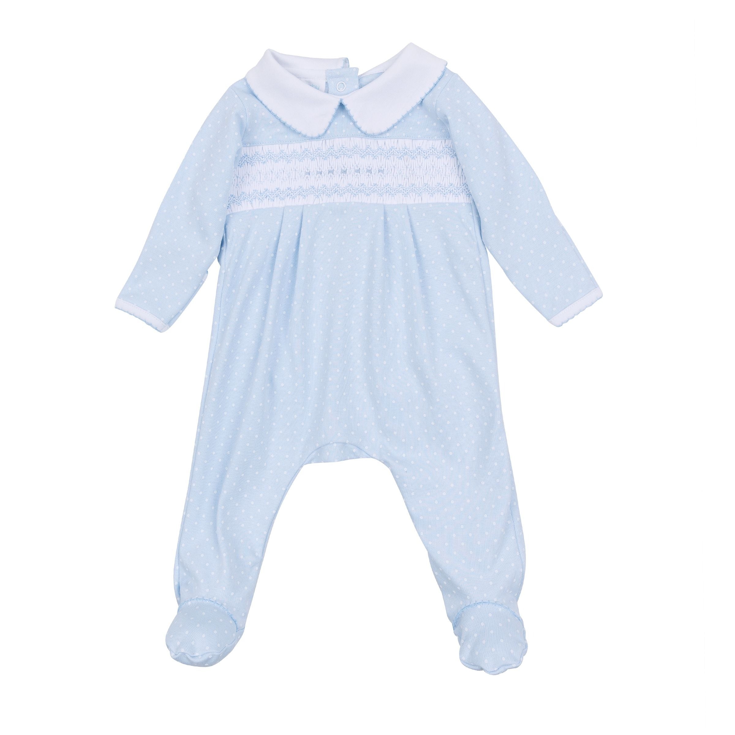 Mia and Luca's Classics Light Blue Smocked Collared Footie