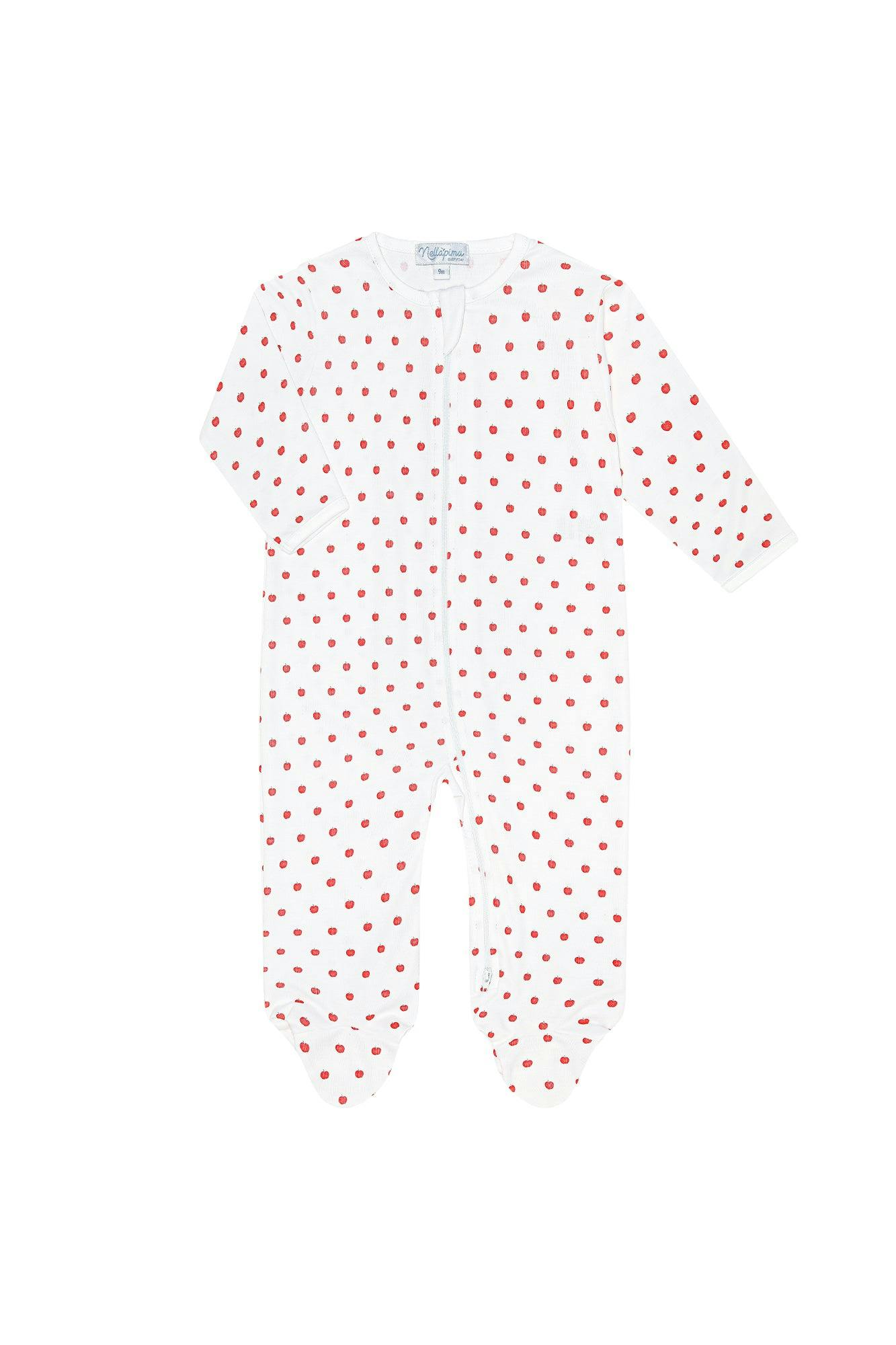 Nella Pima Little Apples pima cotton zipper footie with red apple print