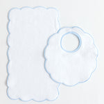 Terry Tots bib and burp set with blue scalloped edge