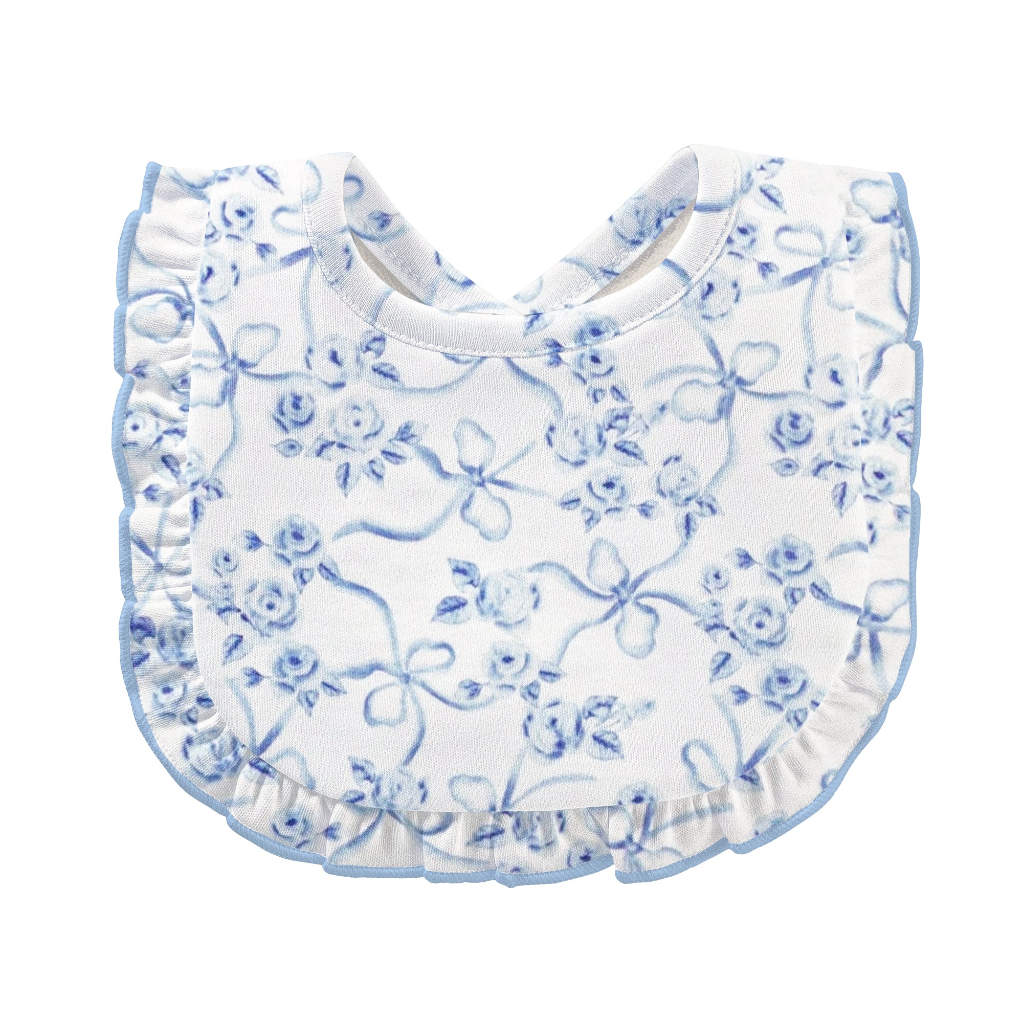 Blue Romantic Toile Bib With Ruffle