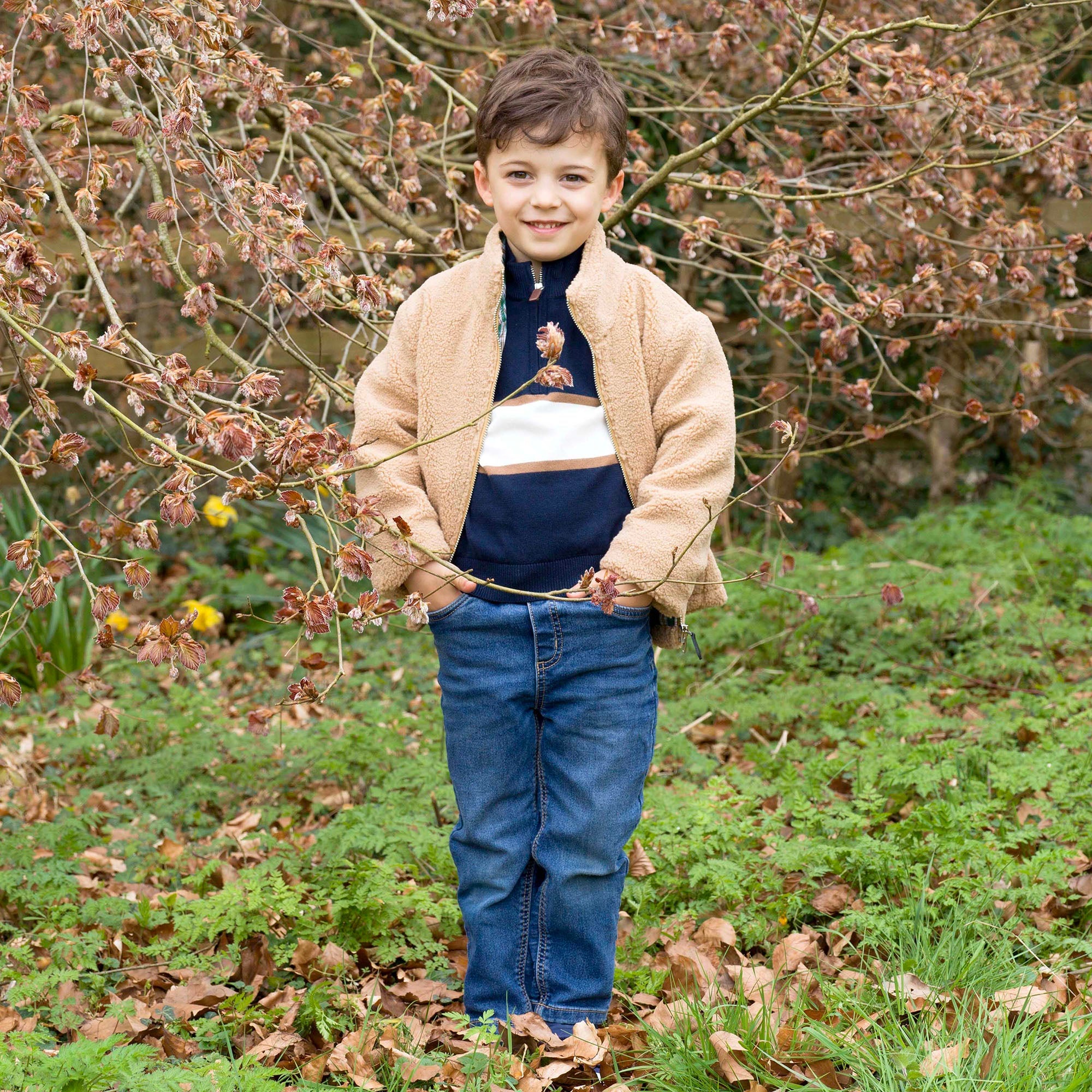 Rachel Riley camel shearling jacket, styled