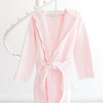 Terry Tots pink terry bathrobe with white scalloped trim and hood