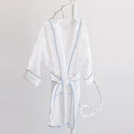 Bathrobe - White Terry with Hood and Blue Stripe Trim