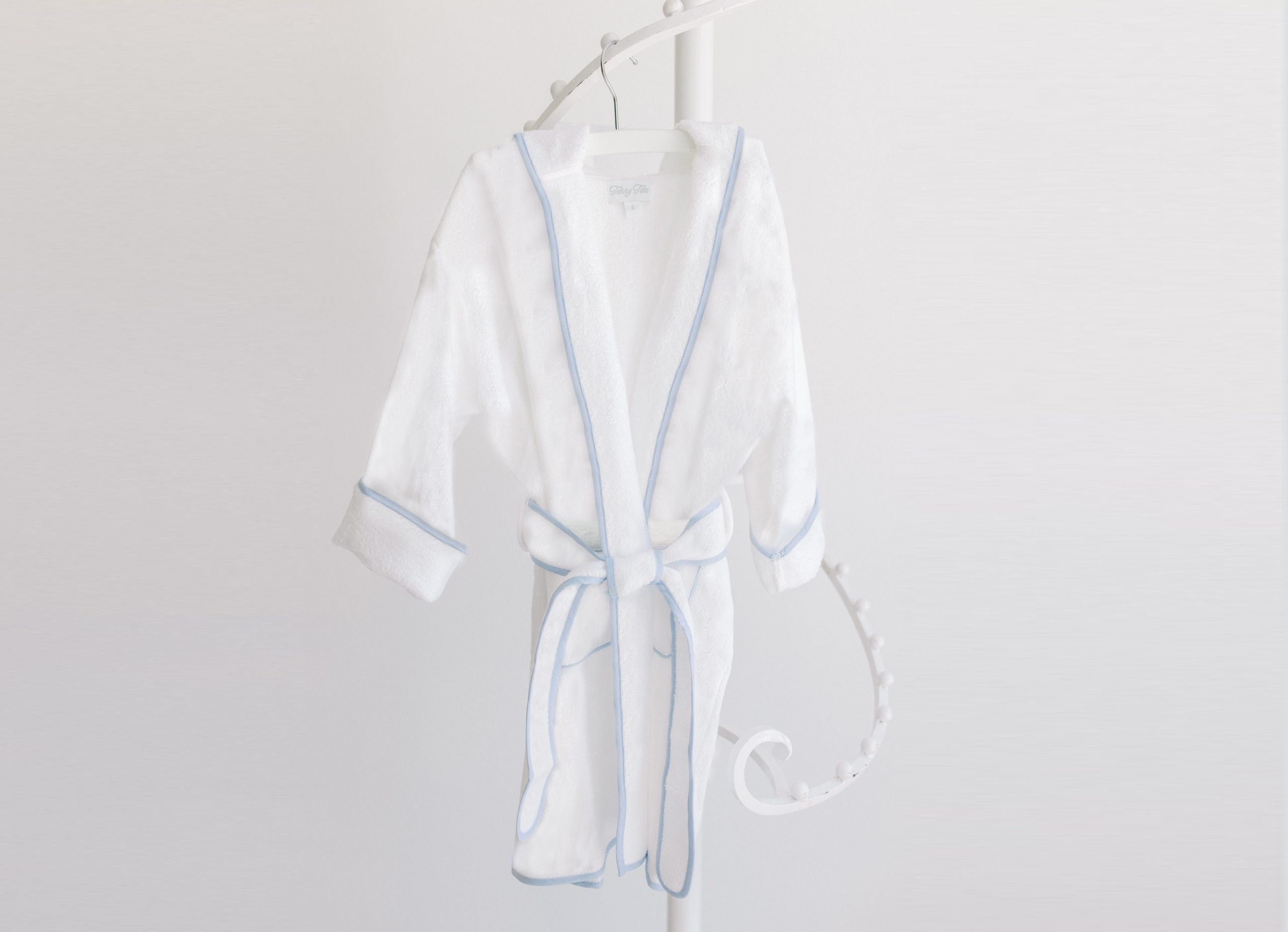 Bathrobe - White Terry with Hood and Blue Stripe Trim