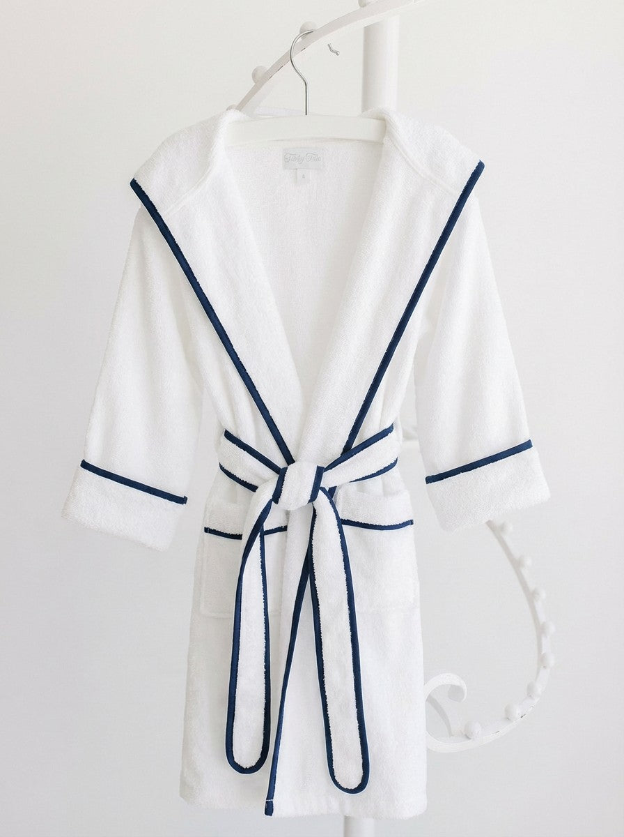 Terry Tots white terry bathrobe with navy trim and hood