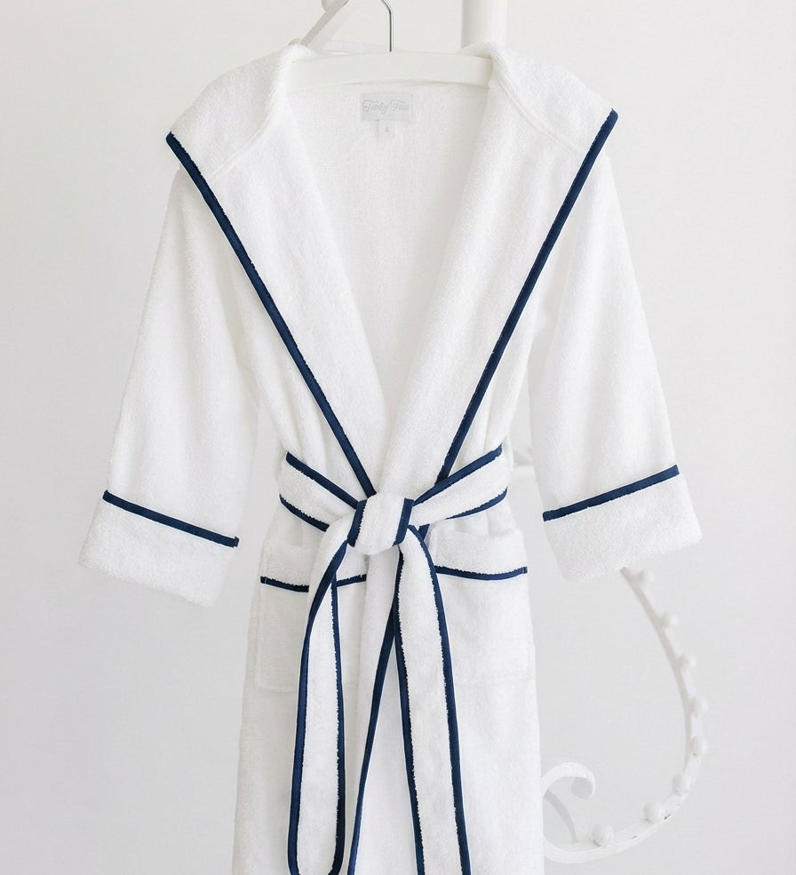Terry Tots white terry bathrobe with navy trim and hood