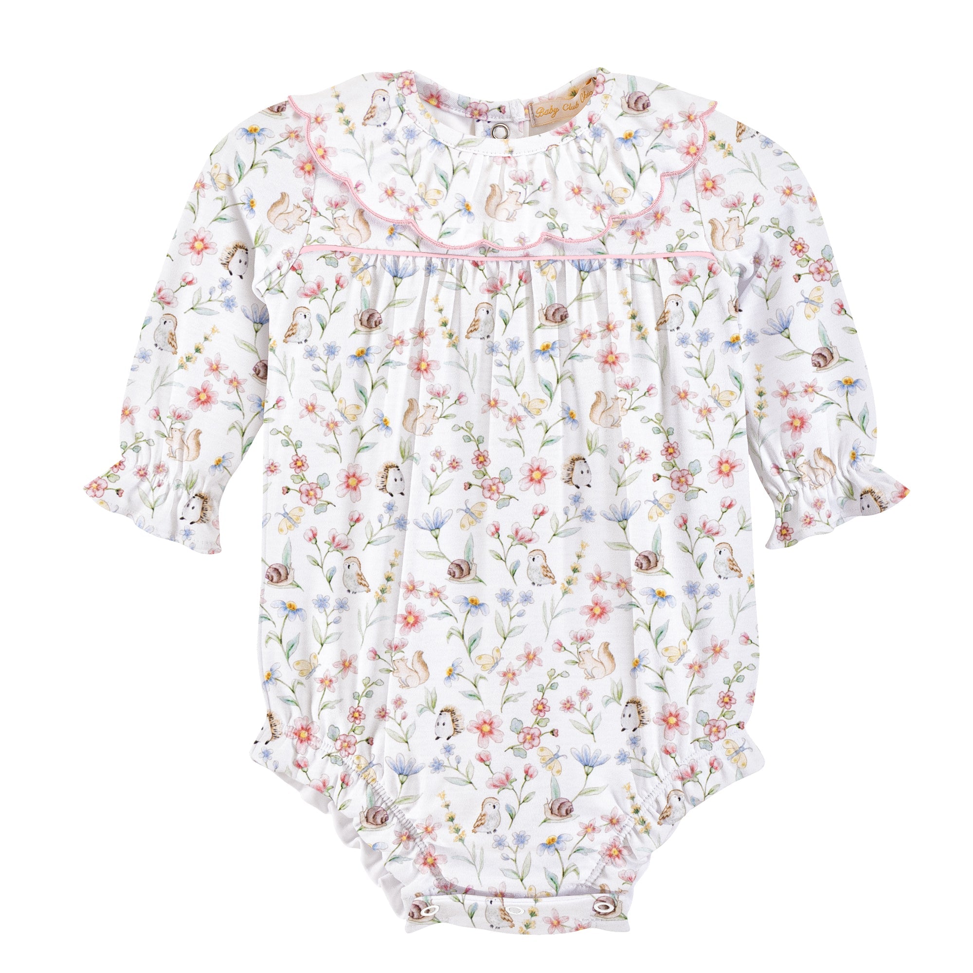 Baby Club Chic bloomie friends printed pima bubble with embroidered collar