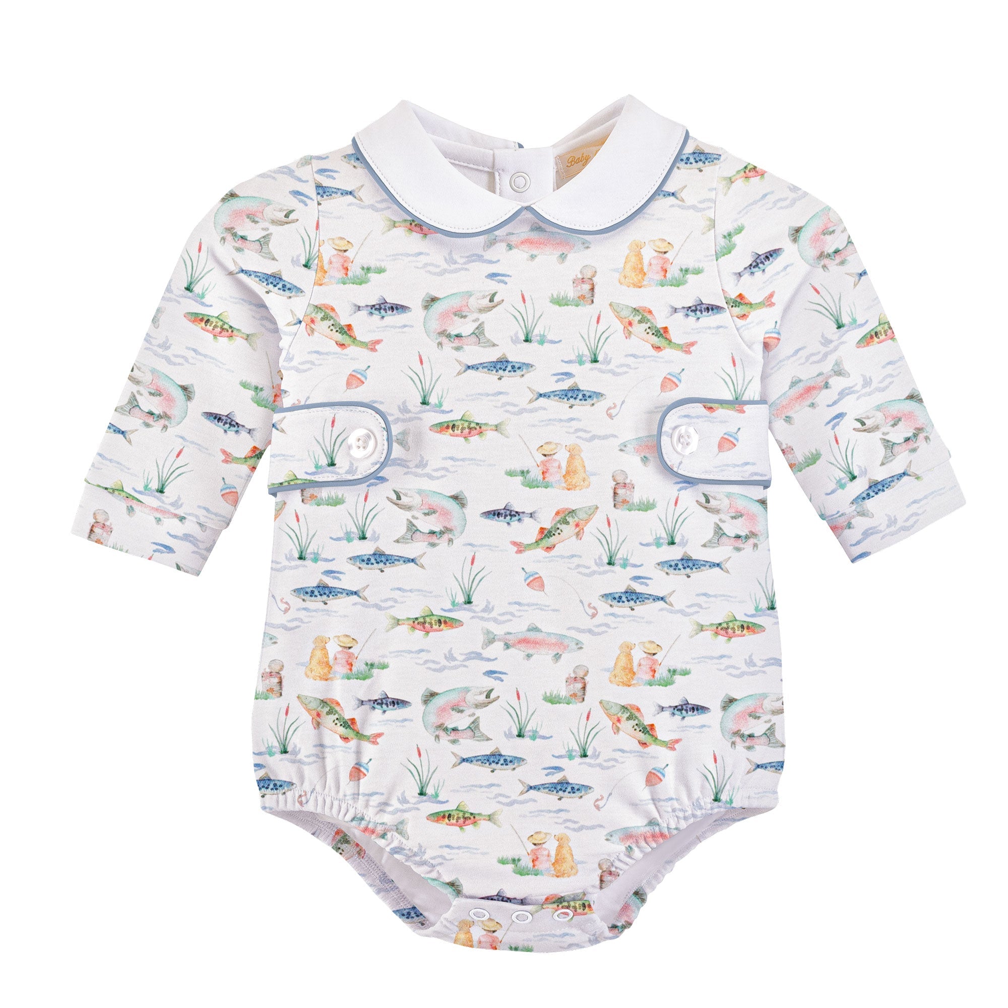 Baby Club Chic gone fishing printed pima bubble with round collar
