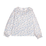 Little English Bespoke Blouse in Wisteria Floral — long sleeve blouse in blue, tan and cream floral with ruffled collar and ruffled elastic sleeves for girls