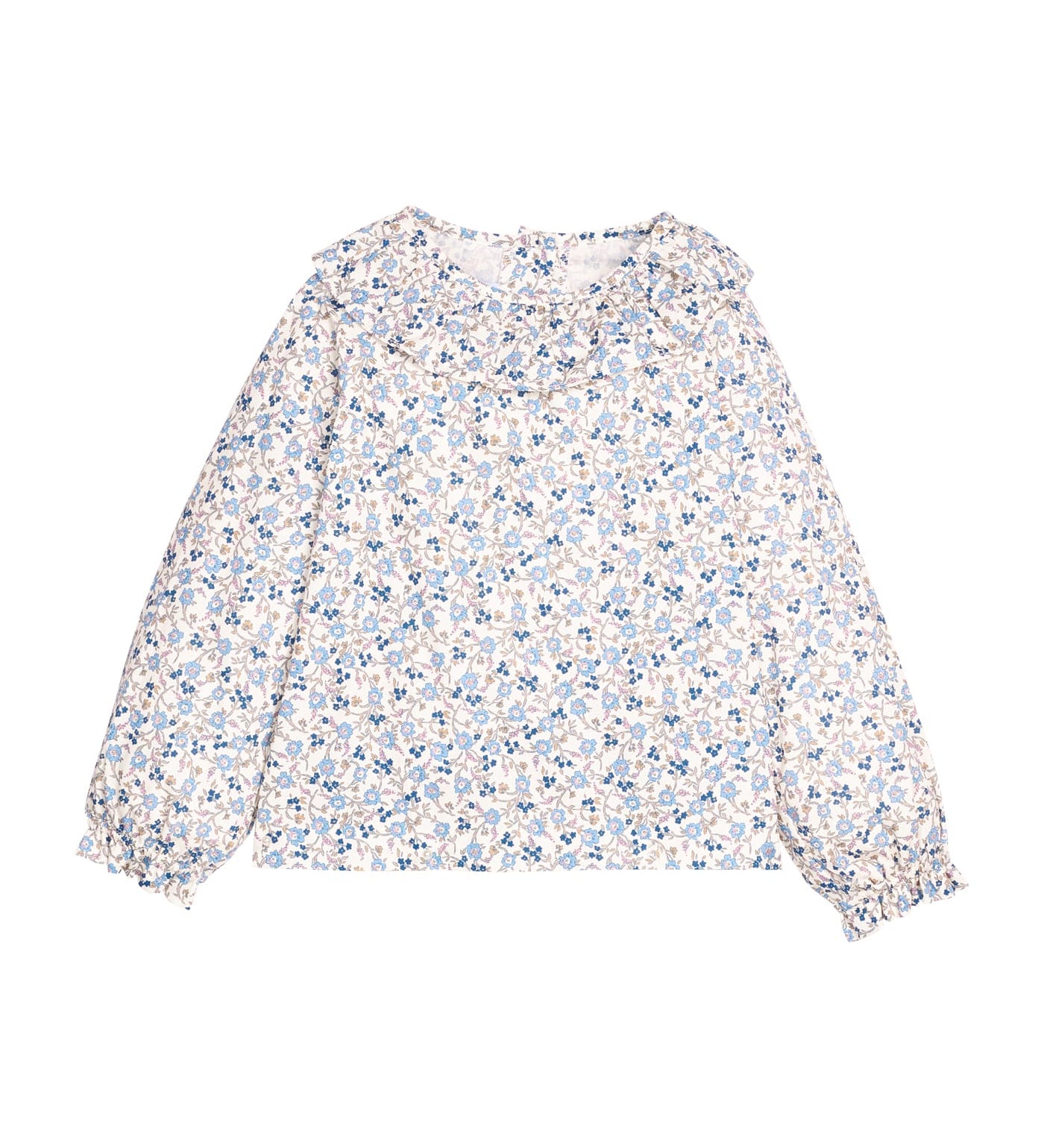 Little English Bespoke Blouse in Wisteria Floral — long sleeve blouse in blue, tan and cream floral with ruffled collar and ruffled elastic sleeves for girls
