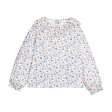 Little English Bespoke Blouse in Wisteria Floral — long sleeve blouse in blue, tan and cream floral with ruffled collar and ruffled elastic sleeves for girls