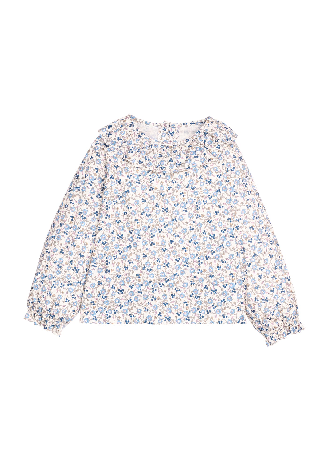 Little English Bespoke Blouse in Wisteria Floral — long sleeve blouse in blue, tan and cream floral with ruffled collar and ruffled elastic sleeves for girls