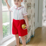 The Proper Peony Holiday Short Set, boys' red and white Christmas outfit with hand embroidery