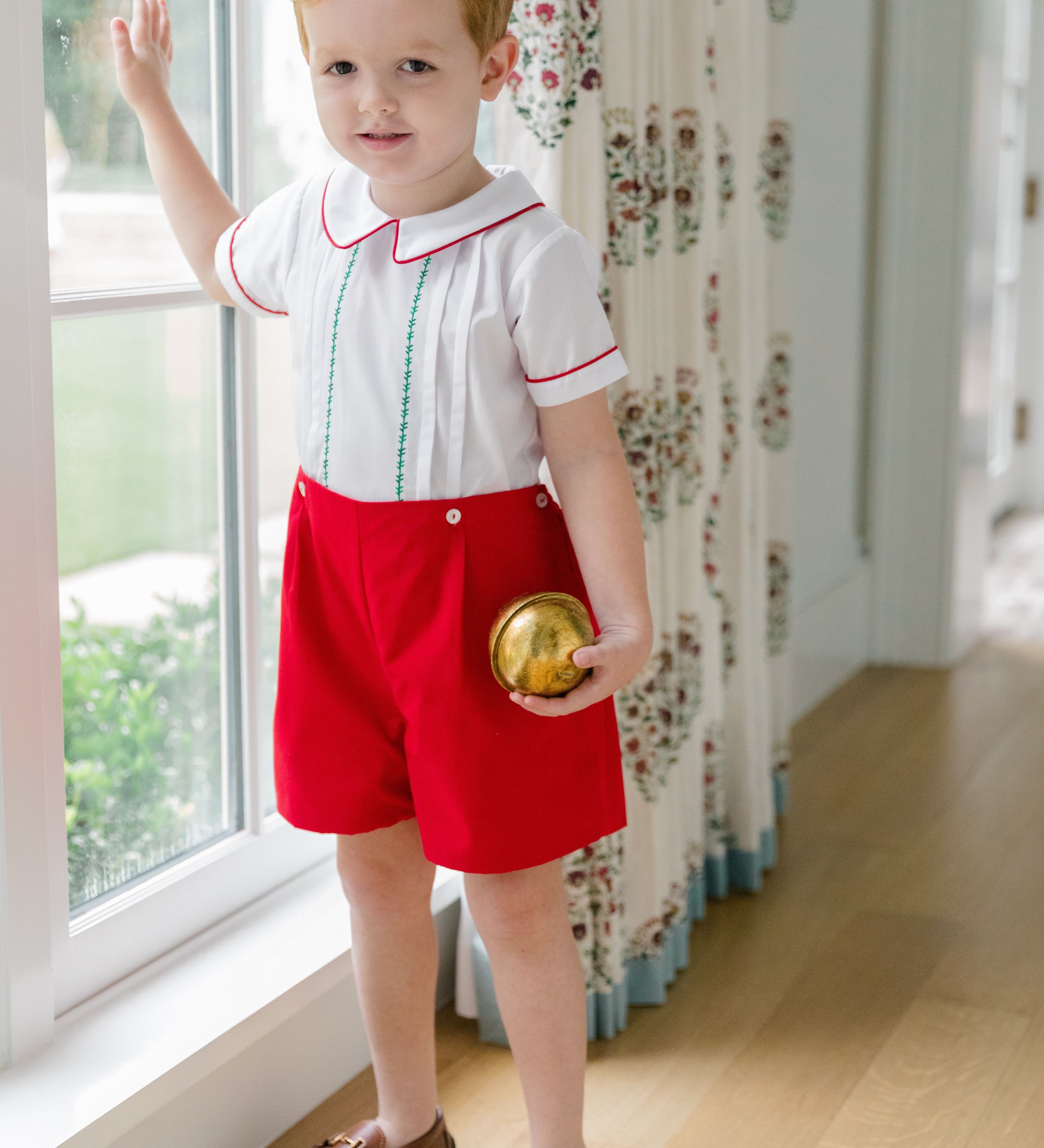 The Proper Peony Holiday Short Set, boys' red and white Christmas outfit with hand embroidery