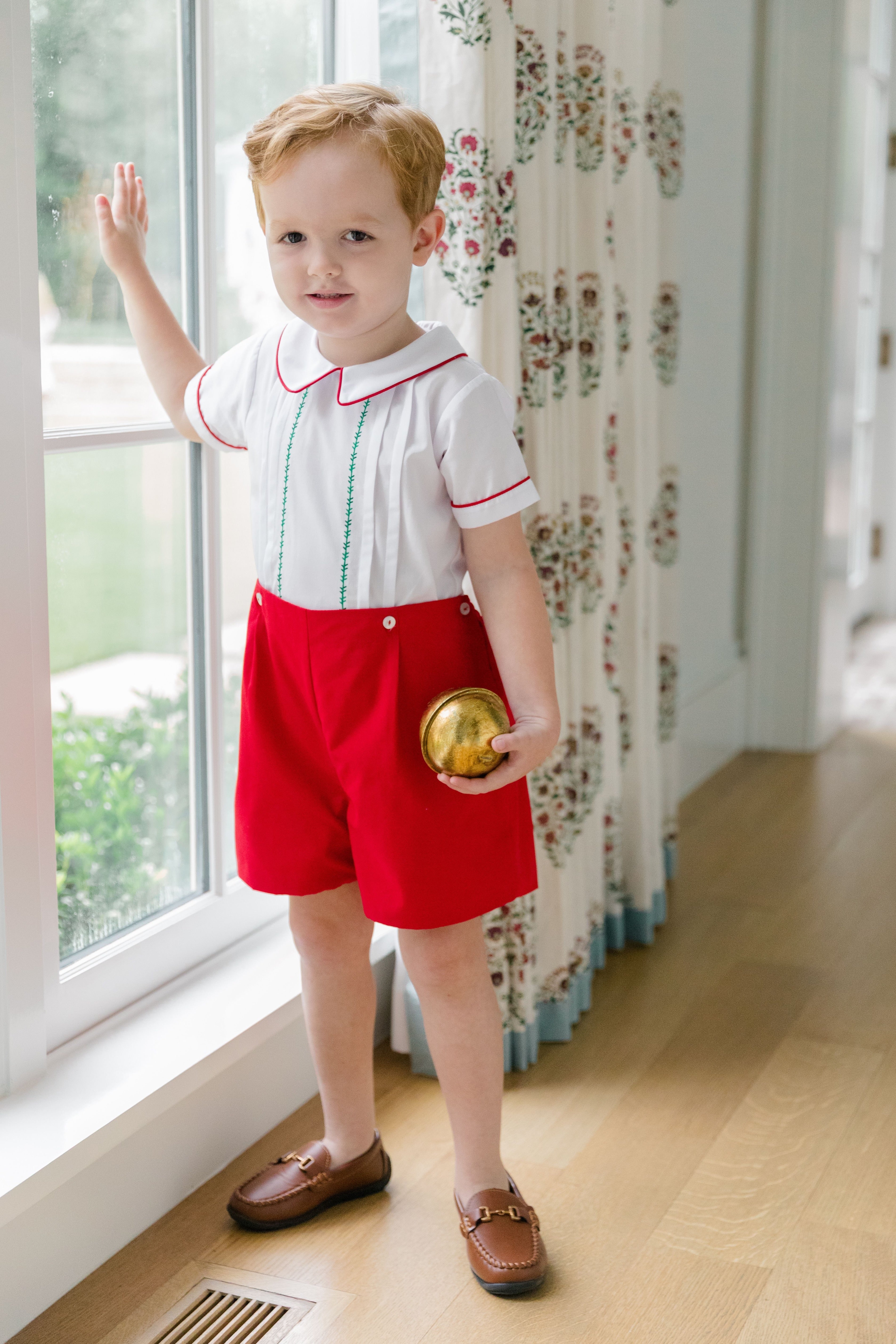 The Proper Peony Holiday Short Set, boys' red and white Christmas outfit with hand embroidery