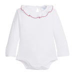 Little English Caroline Knit Onesie in Red — long sleeve white knit onesie with ruffled collar trimmed in red picot for baby girls