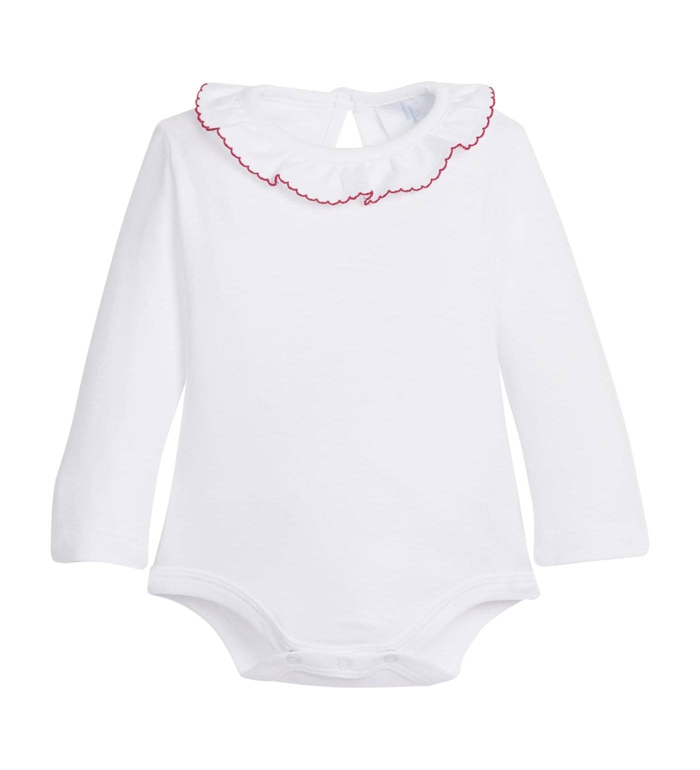 Little English Caroline Knit Onesie in Red — long sleeve white knit onesie with ruffled collar trimmed in red picot for baby girls
