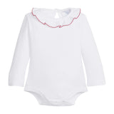 Little English Caroline Knit Onesie in Red — long sleeve white knit onesie with ruffled collar trimmed in red picot for baby girls