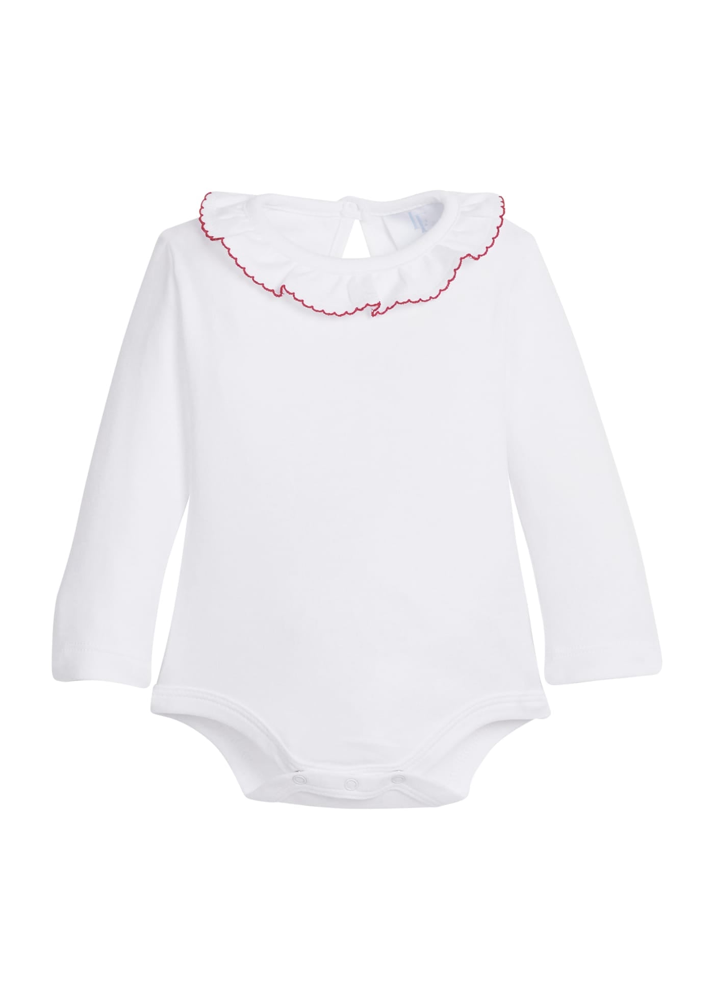 Little English Caroline Knit Onesie in Red — long sleeve white knit onesie with ruffled collar trimmed in red picot for baby girls