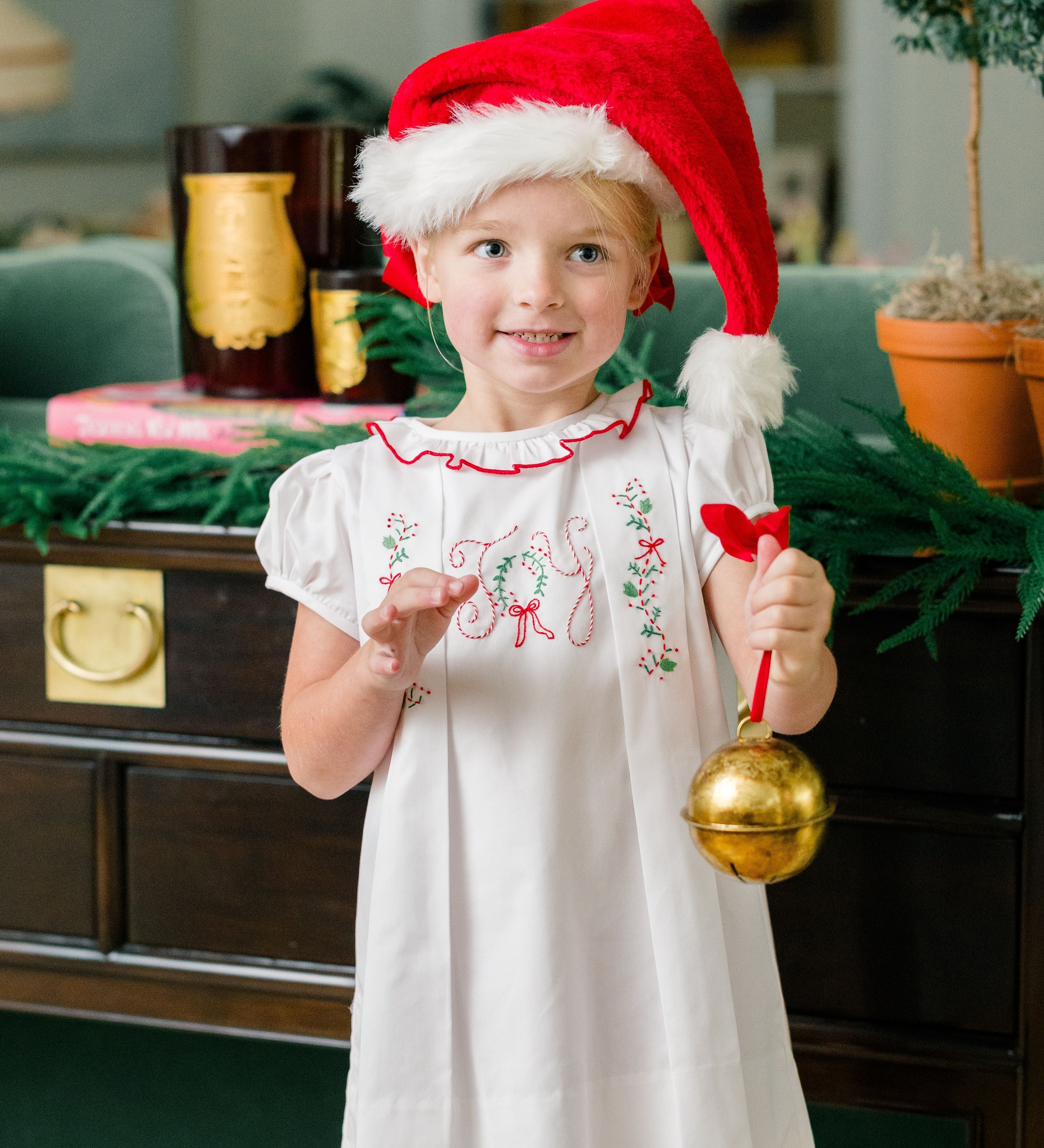 The Proper Peony Joyful Dress, white Christmas dress with red accents and hand embroidery