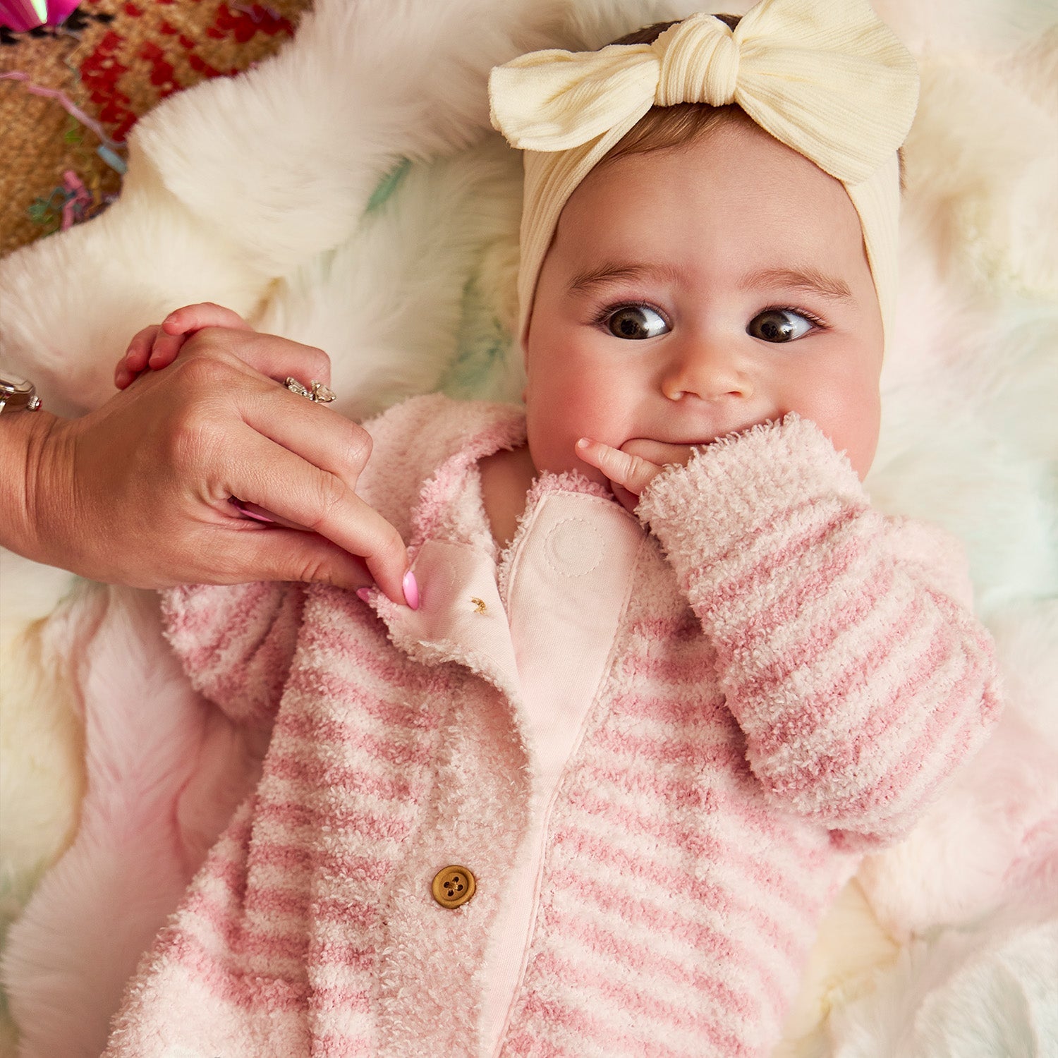 magnetic me pink stripe chenille sweater romper detail