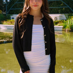 Gold Rush NYC Sylvie bow button cardigan in Black, alternate view