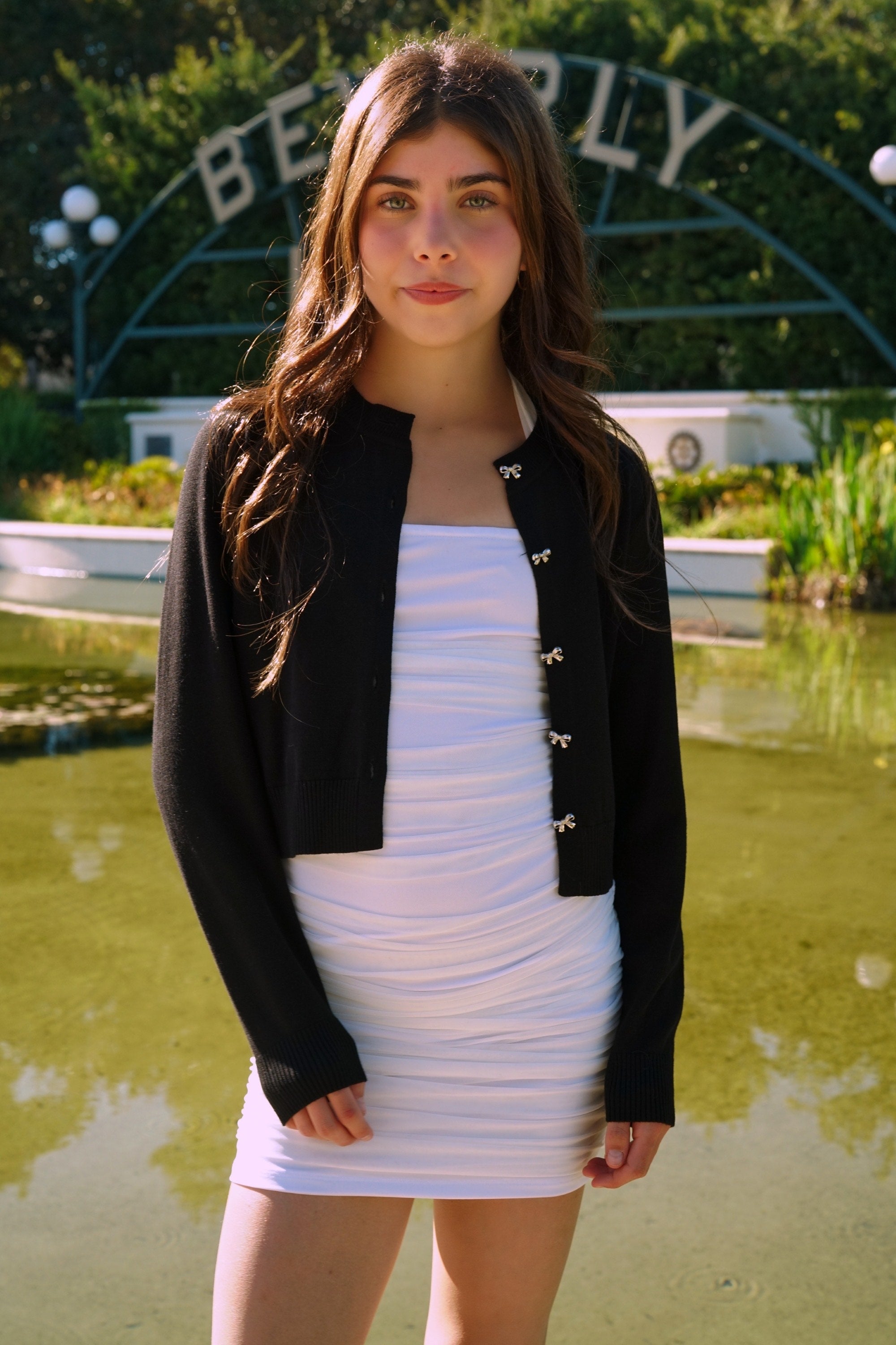 Gold Rush NYC Sylvie bow button cardigan in Black, alternate view
