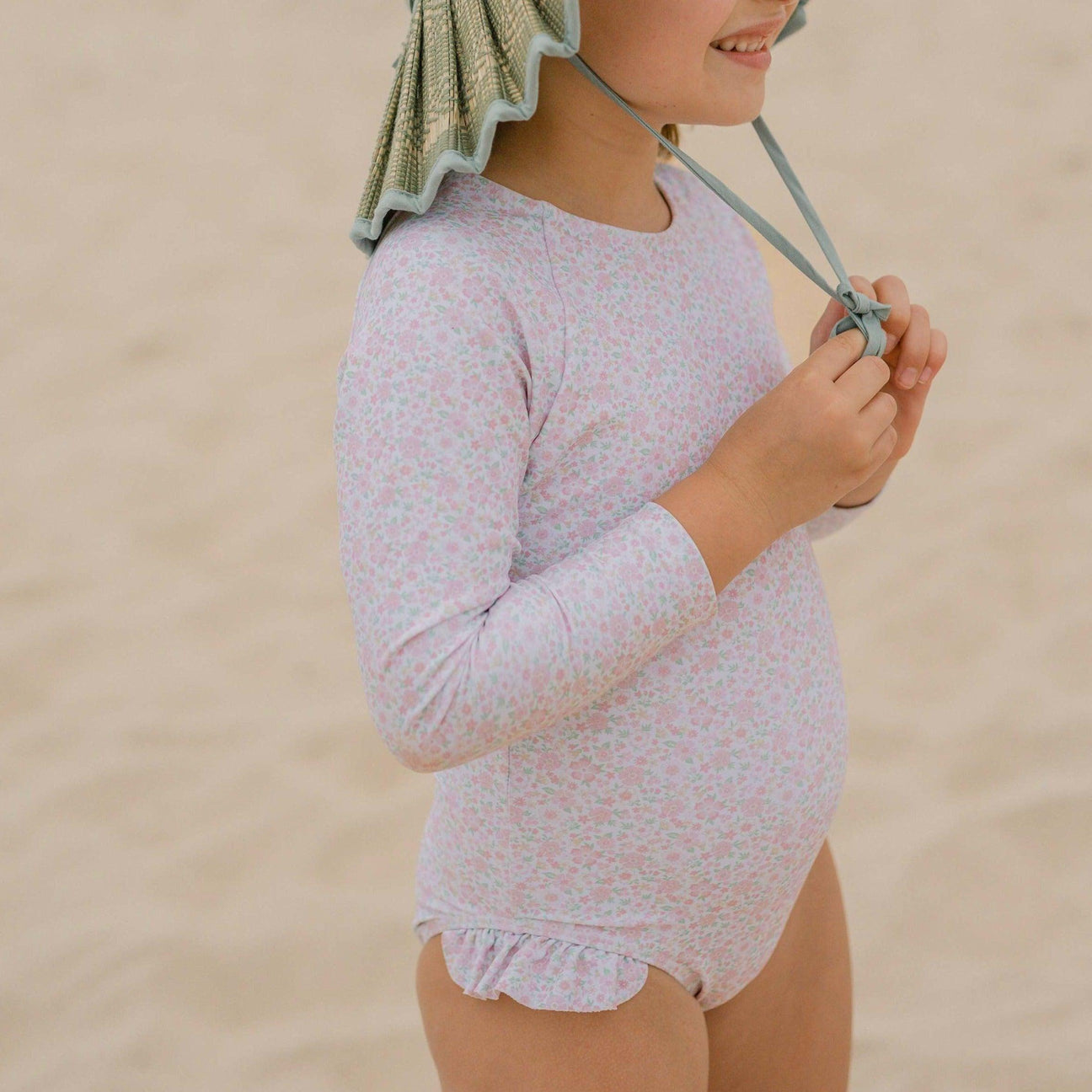 Girls Antique Floral Ruffle Sleeve Rashguard One Piece