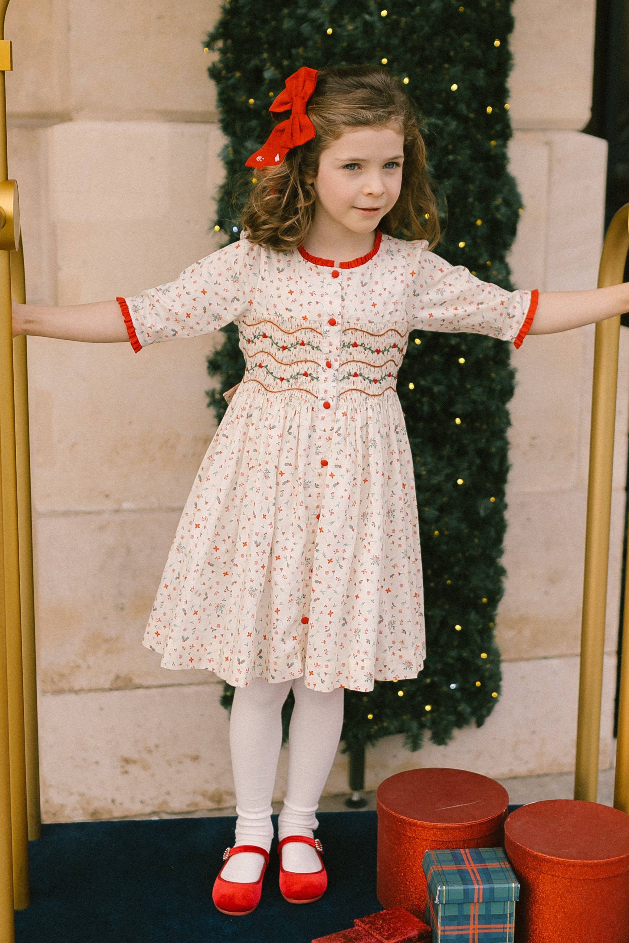 Antoinette Paris Elysée Floral Winter Smocked Dress, girls' Christmas dress in winter floral print