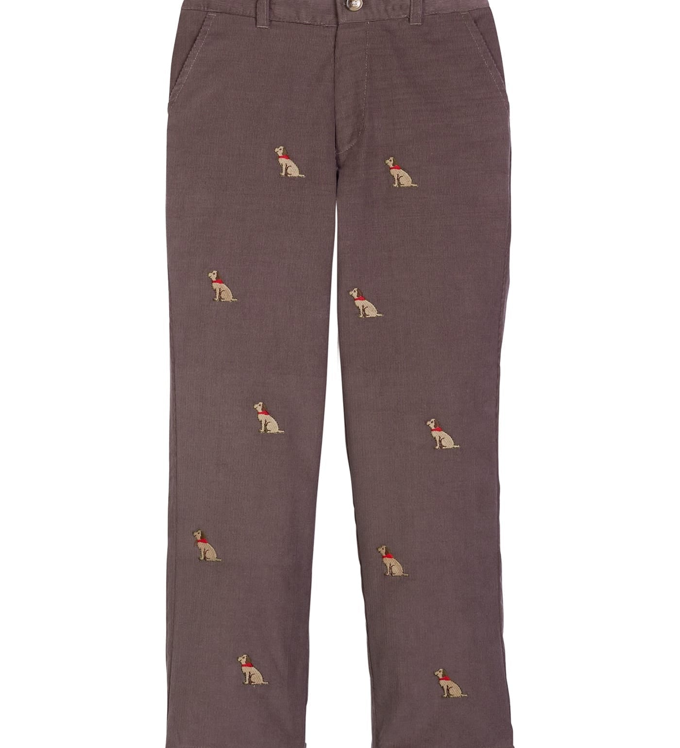 Little English chocolate corduroy classic pant with seated lab embroidery for boys