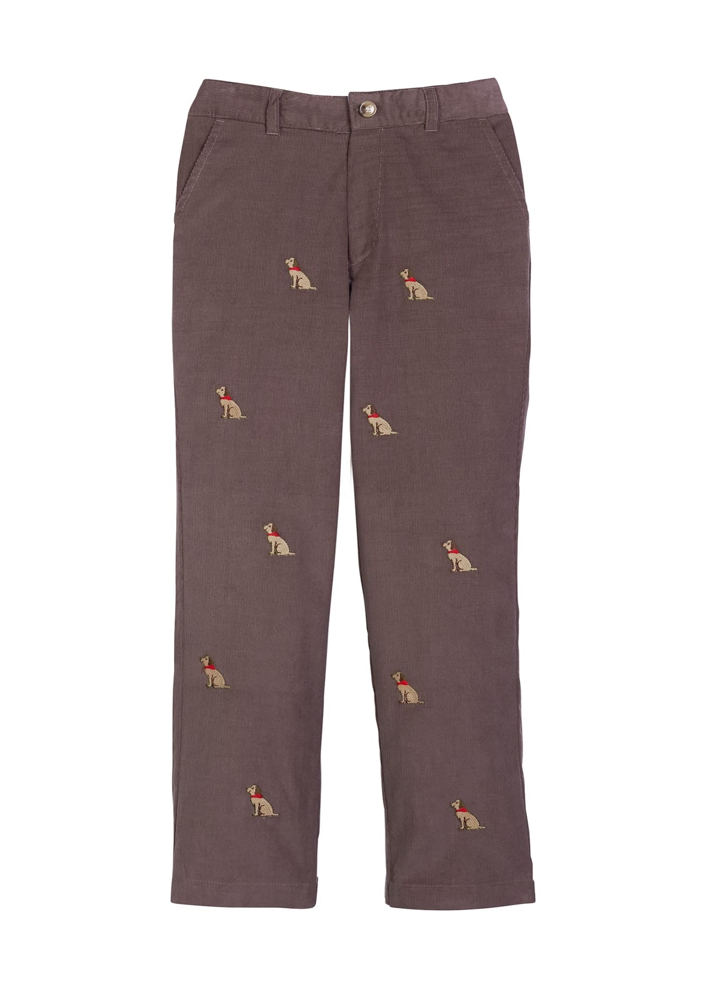Little English chocolate corduroy classic pant with seated lab embroidery for boys