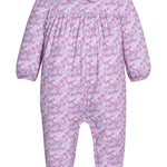 Little English Evelyn Romper in Ashbrook Floral - long sleeve pink, blue, and lavender cotton knit romper with white peter pan collar for baby girls