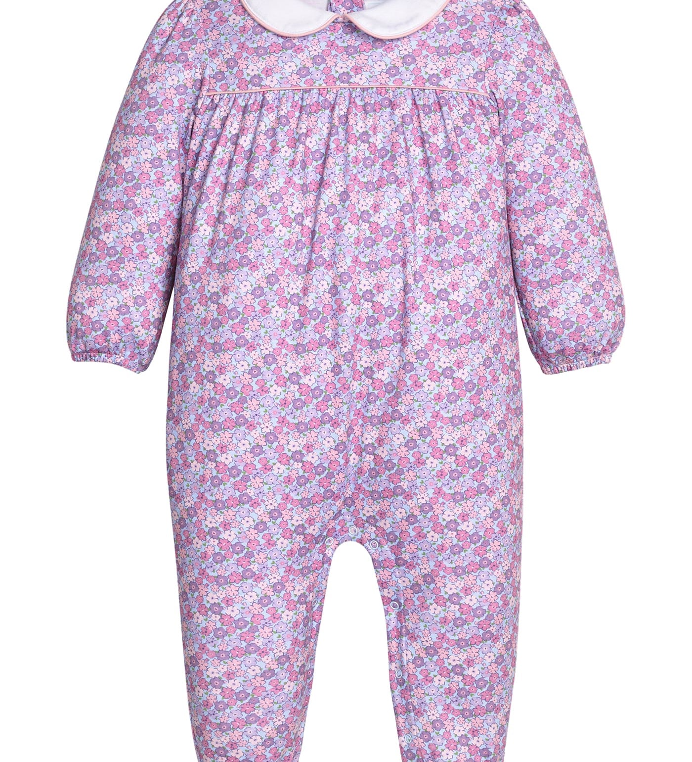 Little English Evelyn Romper in Ashbrook Floral - long sleeve pink, blue, and lavender cotton knit romper with white peter pan collar for baby girls