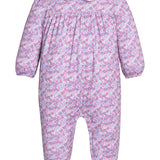 Little English Evelyn Romper in Ashbrook Floral - long sleeve pink, blue, and lavender cotton knit romper with white peter pan collar for baby girls