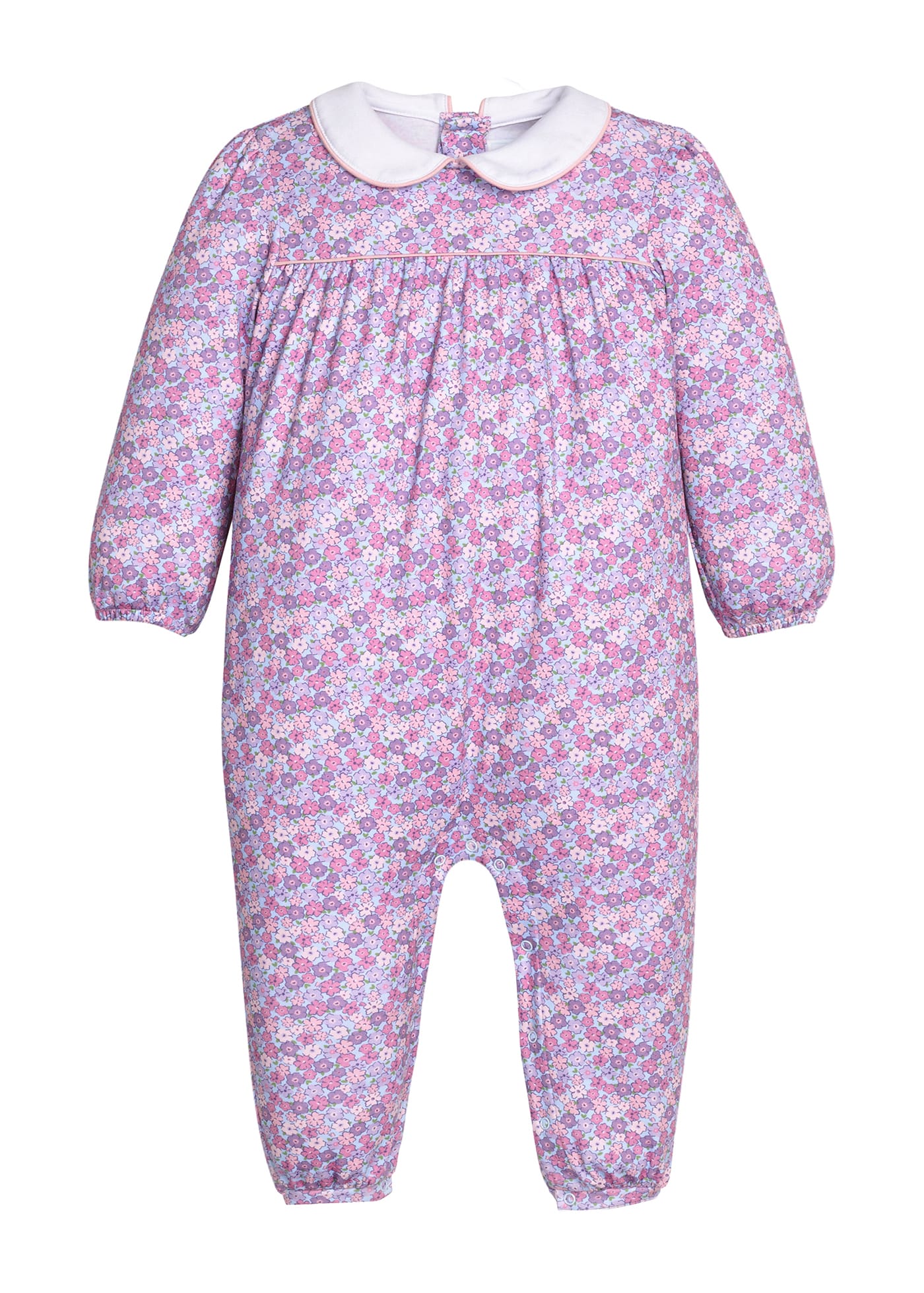Little English Evelyn Romper in Ashbrook Floral - long sleeve pink, blue, and lavender cotton knit romper with white peter pan collar for baby girls