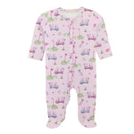 Baby Club Chic golfing in pink printed pima zipped footie with ruffles