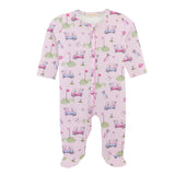 Baby Club Chic golfing in pink printed pima zipped footie with ruffles