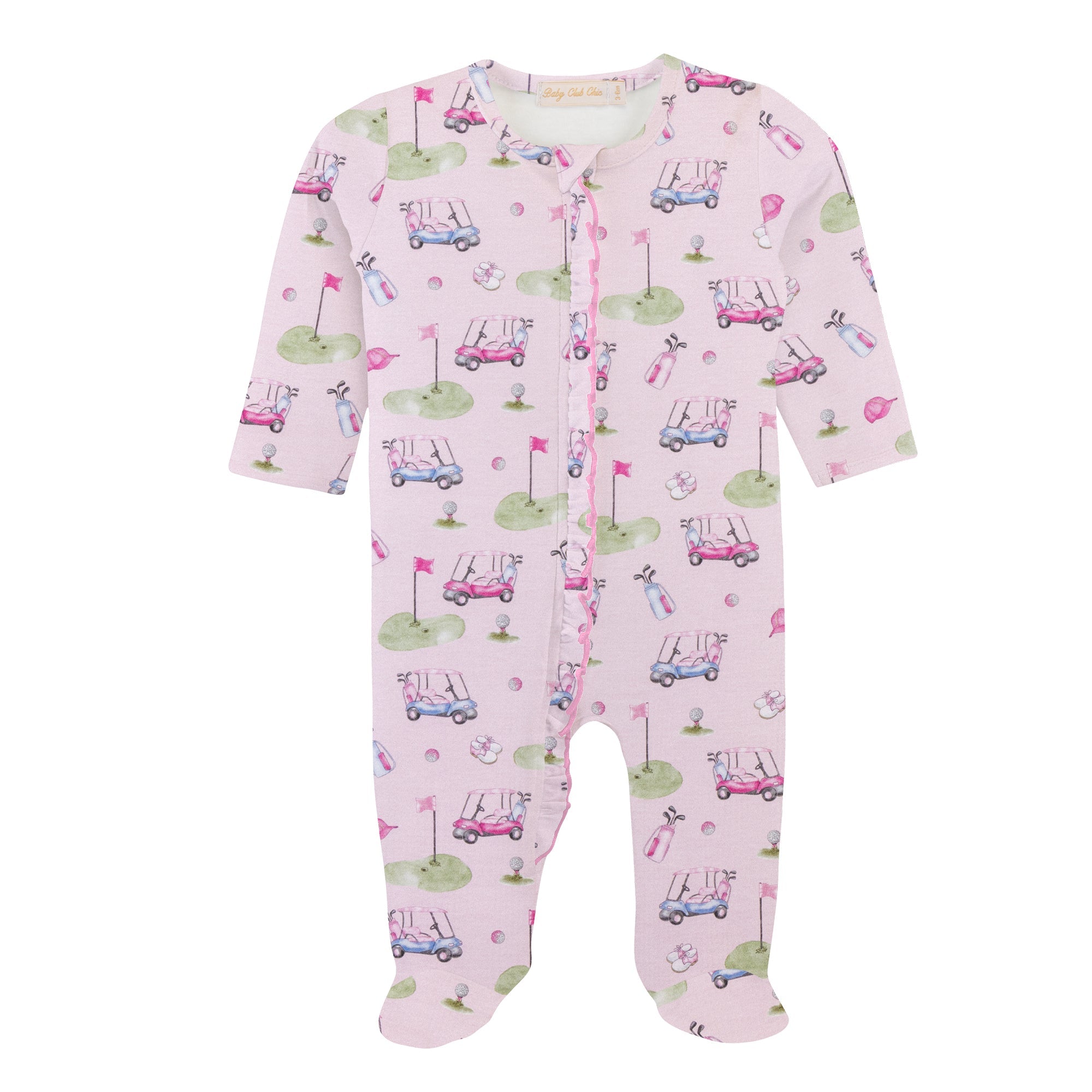 Baby Club Chic golfing in pink printed pima zipped footie with ruffles