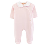 Baby Club Chic rose buds pima jacquard asymmetrical embroidered footie with scalloped collar in pink