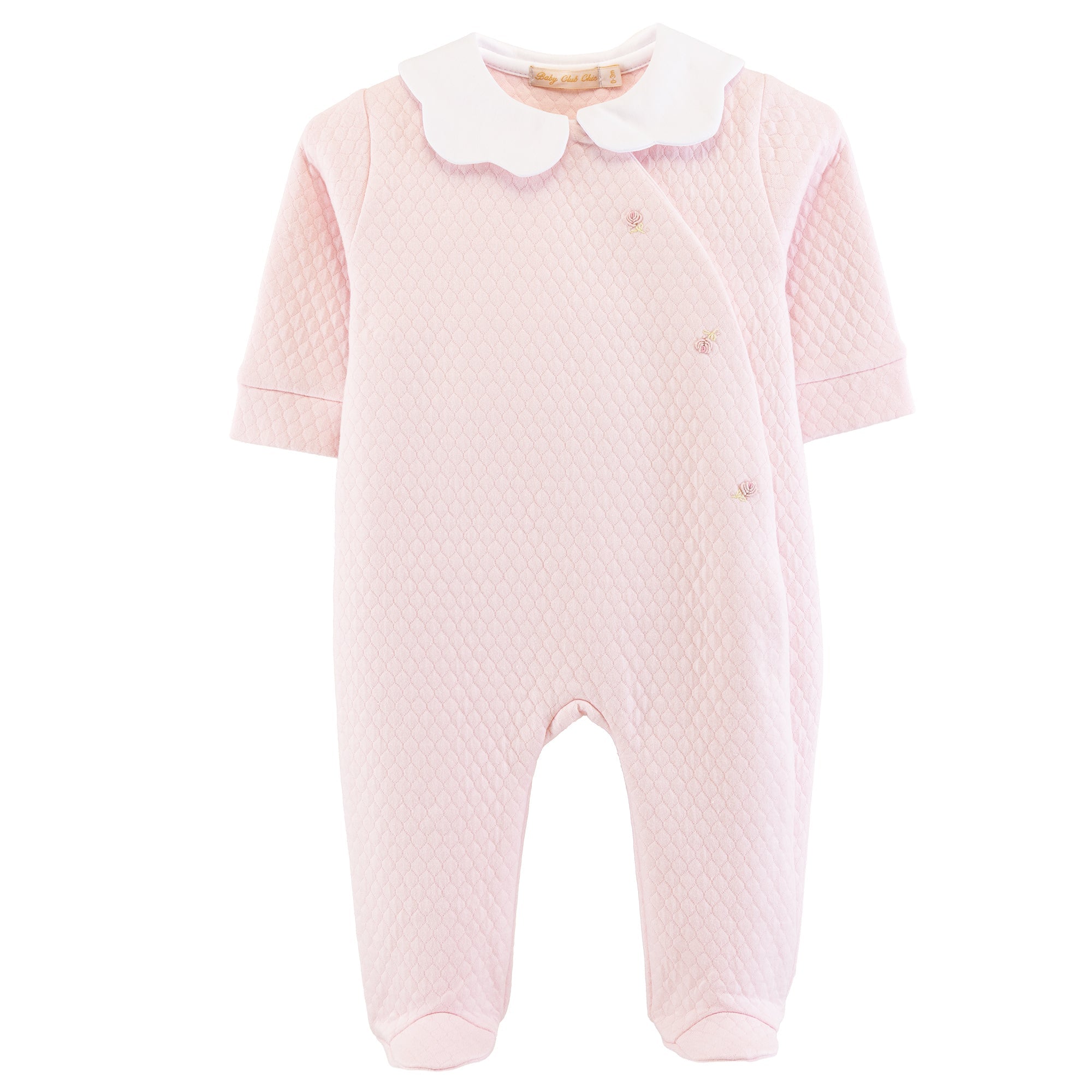 Baby Club Chic rose buds pima jacquard asymmetrical embroidered footie with scalloped collar in pink