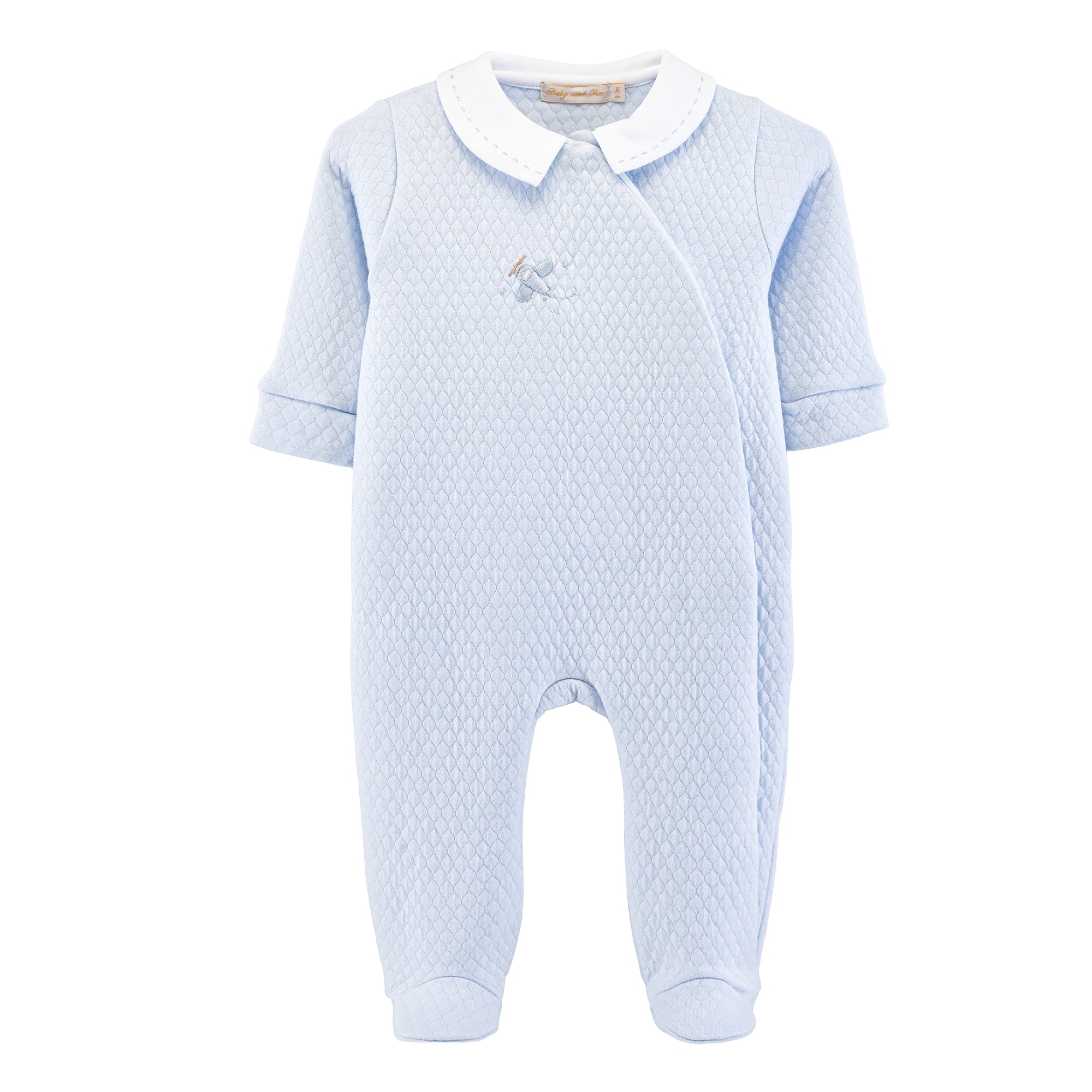 Baby Club Chic lullaby flight pima jacquard embroidered footie with asymmetrical front in light blue