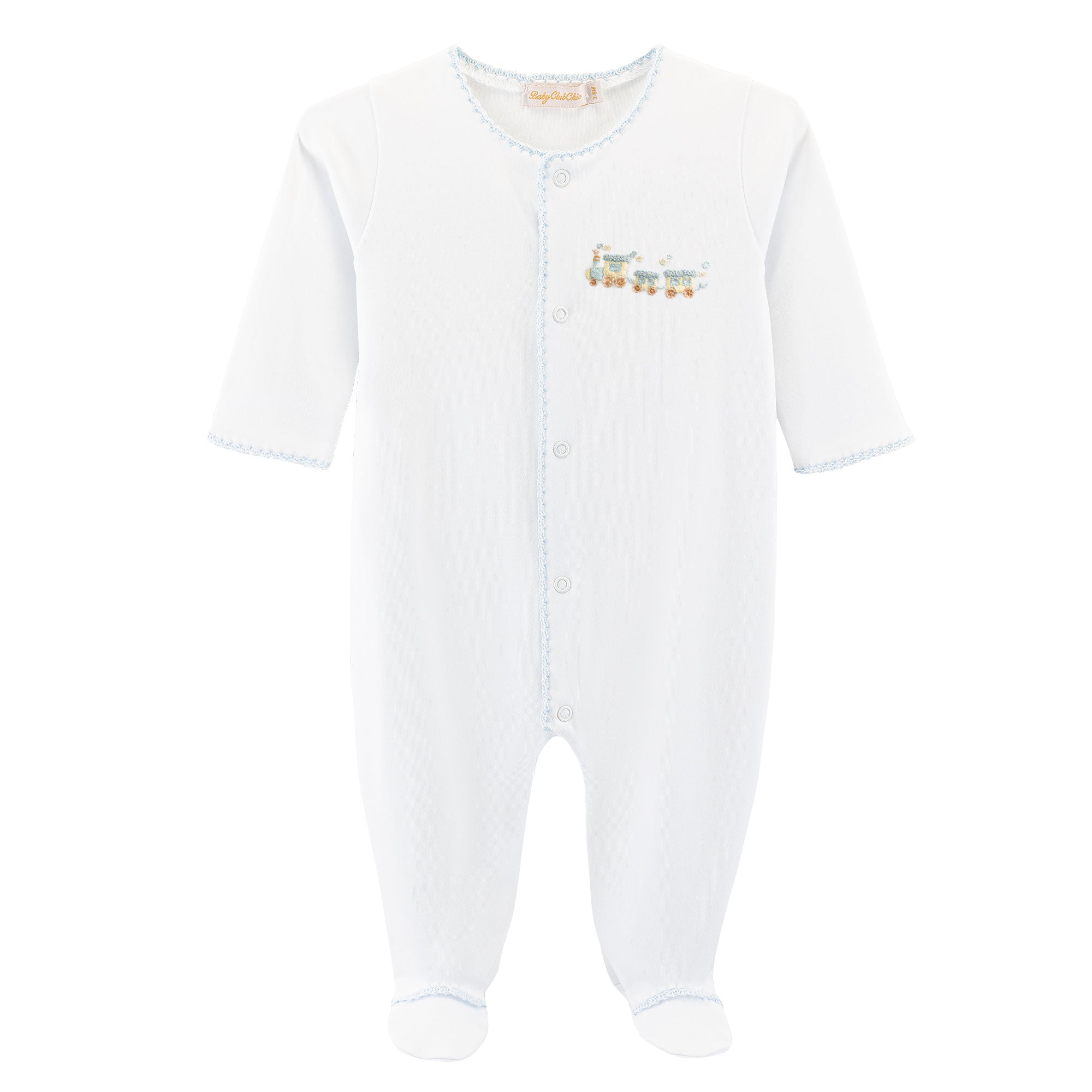 Baby Club Chic little train embroidered pima footie with crochet trim in light blue