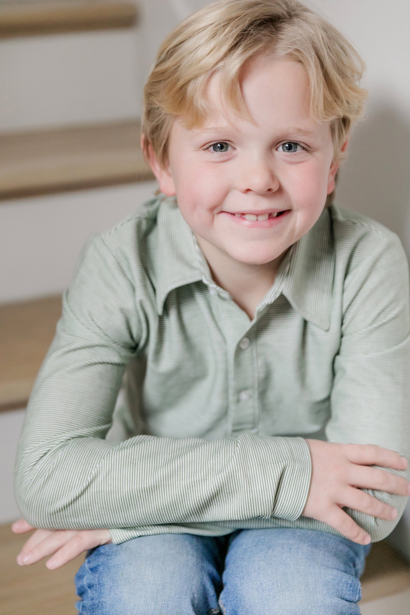 Finn Pima Cotton Long Sleeve Polo for Boys - Green Stripes