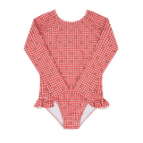 minnow Cranberry Gingham Rashguard One Piece Swimsuit