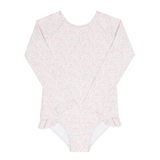 Girls Antique Floral Ruffle Sleeve Rashguard One Piece