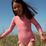 minnow Cranberry Gingham Rashguard One Piece Swimsuit
