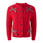 Rachel Riley red cable knit cardigan with tartan bows
