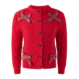 Rachel Riley red cable knit cardigan with tartan bows