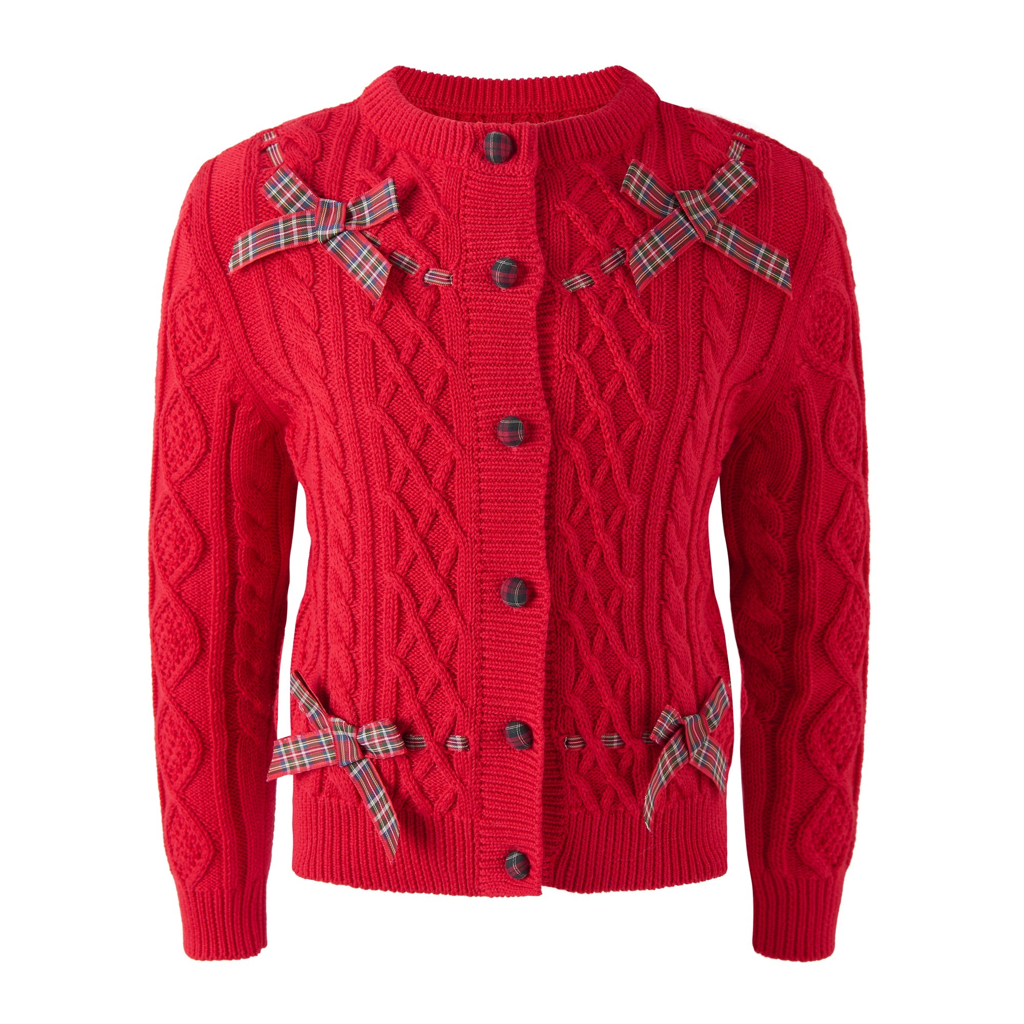 Rachel Riley red cable knit cardigan with tartan bows