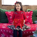 Rachel Riley red tartan bow cardigan styled over a dress